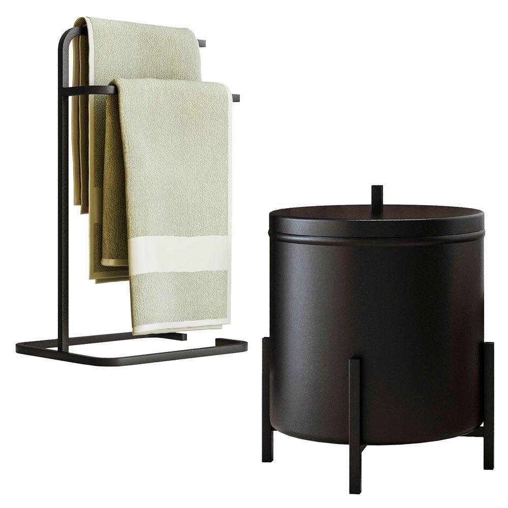 Kit Porta Toalha De Rosto E Lixeira De Banheiro 6l Eleganza Metal Preto - 1