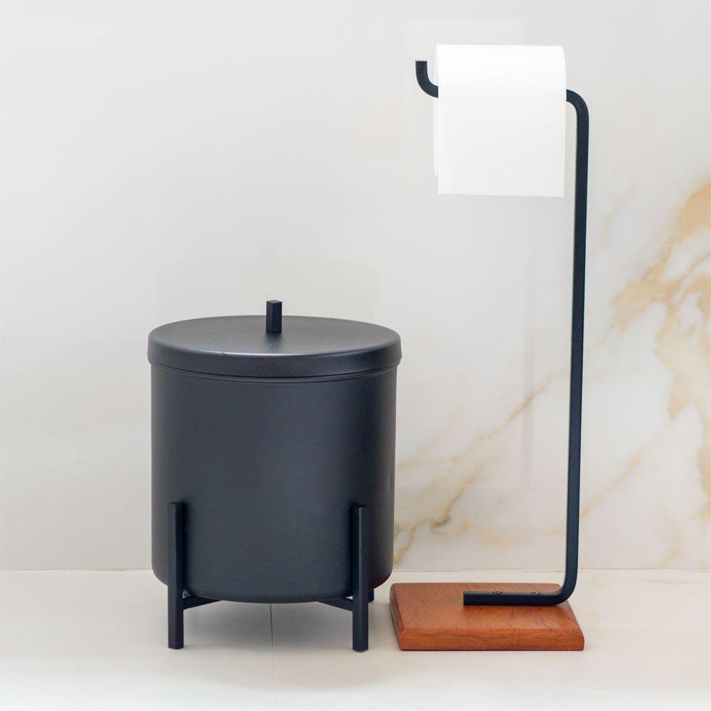 Papeleira Porta Papel Higiênico Eleganza Metal Preto E Madeira - 3