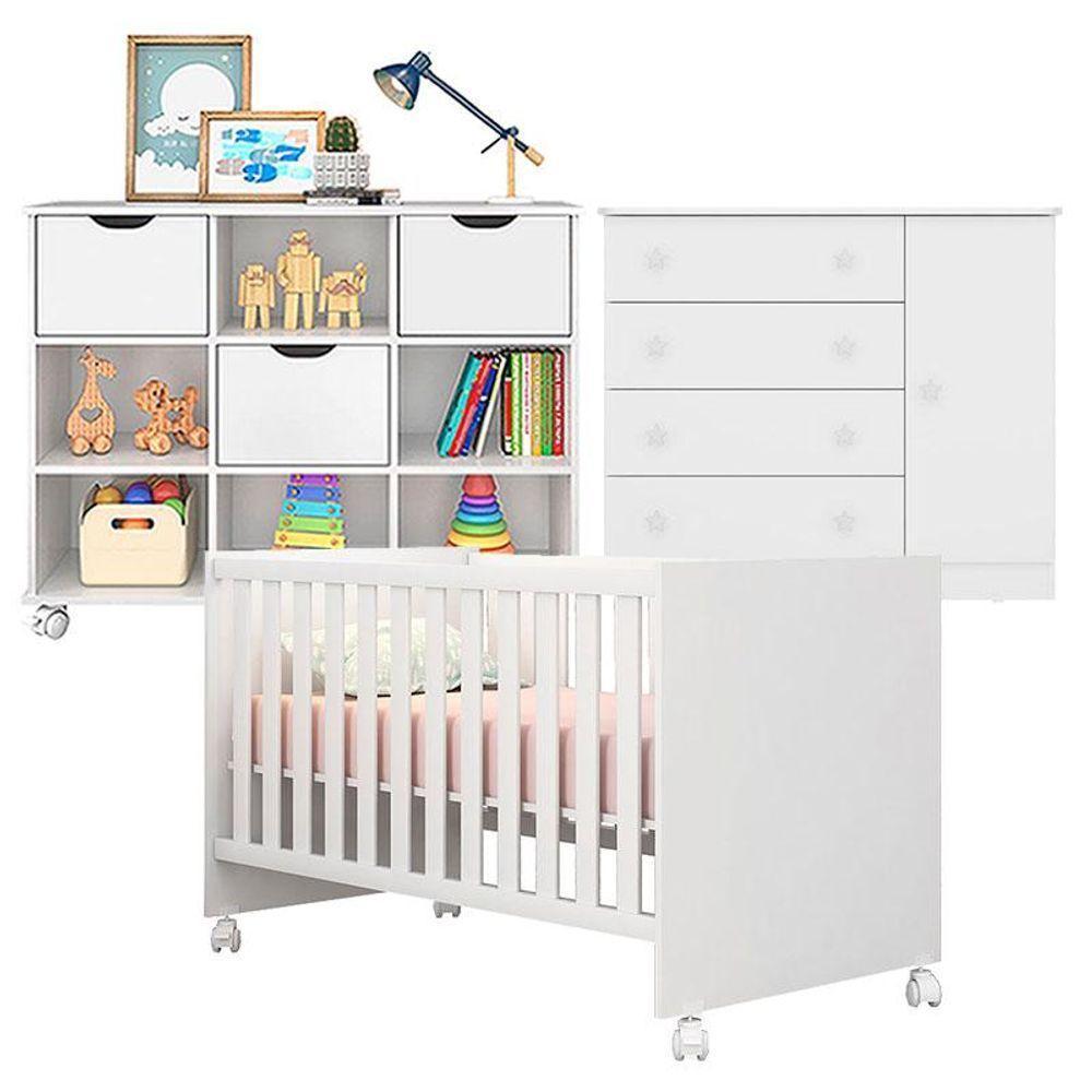 Berço Americano 100 Com Rodízios E Cômoda 2561 Com Nicho Organizador 3 Gavetas Branco Brilho - 1