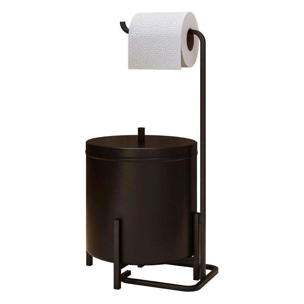 Kit Lixeira 6l E Porta Papel Higiênico Eleganza Metal Preto - 1