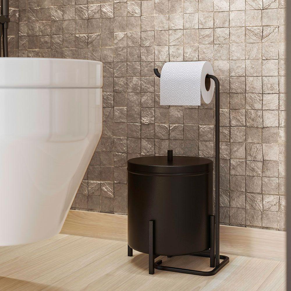 Kit Lixeira 6l E Porta Papel Higiênico Eleganza Metal Preto - 4