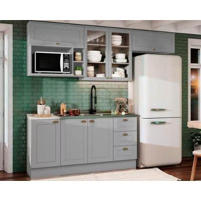 Cozinha Completa Americana Kit 7 Peças em MDF Cinza com Aéreos Balcões Nicho e Complemento