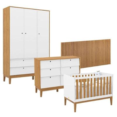 Quarto de Bebê Unique 3 Portas Cômoda 6 Gavetas MDF 136cm Branco Soft Freijó Eco Wood Matic Móveis