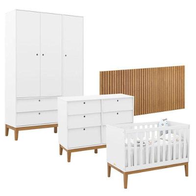 Quarto de Bebê Unique 3 Portas Cômoda 6 Gavetas MDF 230.5cm Branco Soft Eco Wood Matic