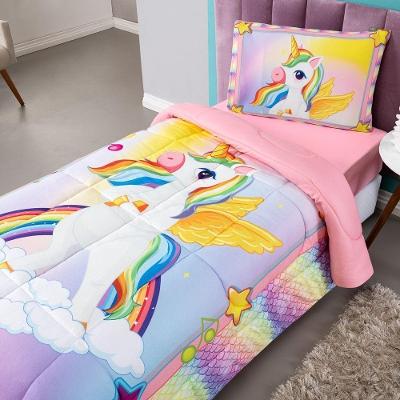 Kit Edredom + Lençol Plush Fofinho Infantil Dupla Face Dream 3 Peças Solteiro - Unicórnio.