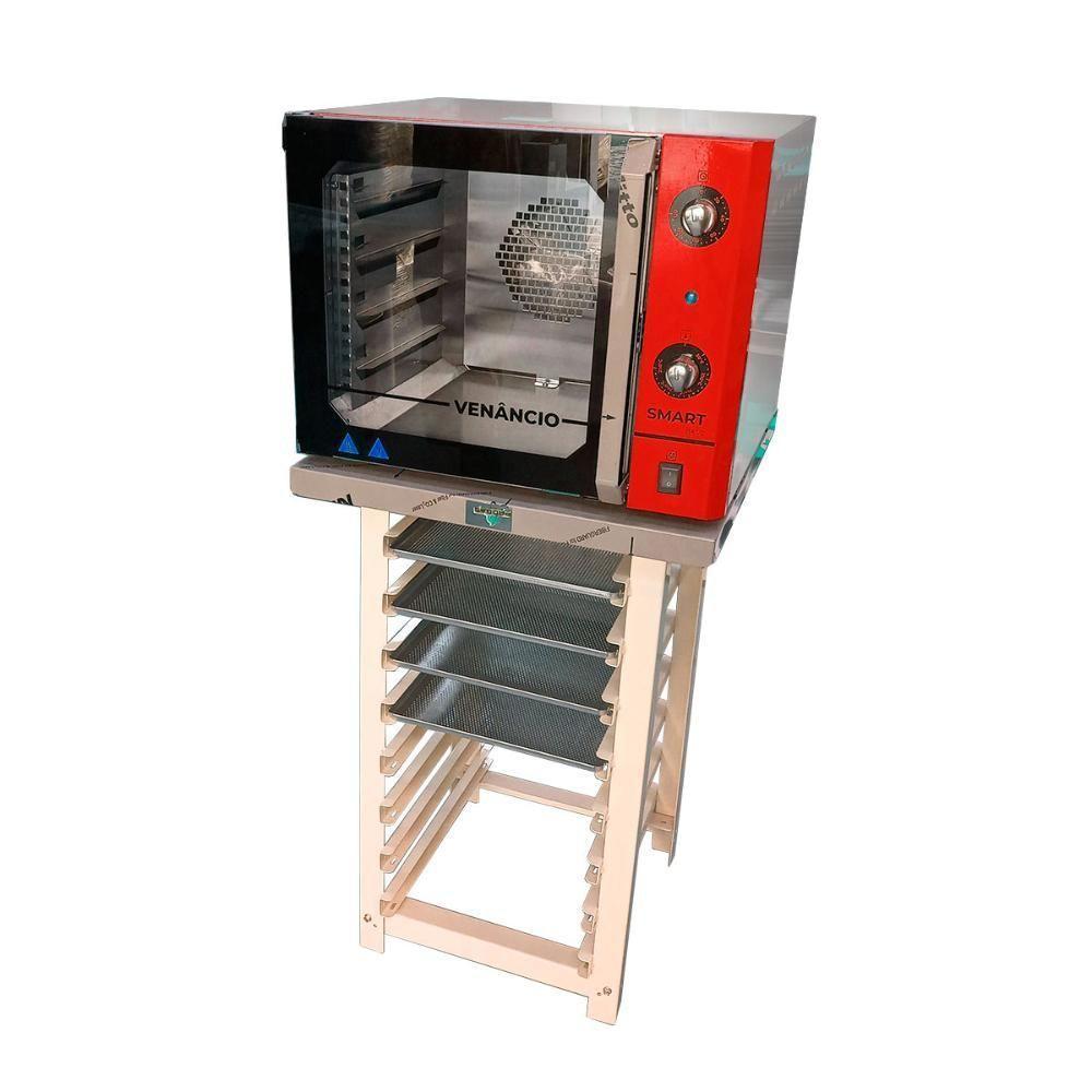 Forno Turbo Convec. Inox E Vermelho Fcsb4e 220v + Bancada Mes-004 + 4 Assadeiras - Venâncio 220v - 1
