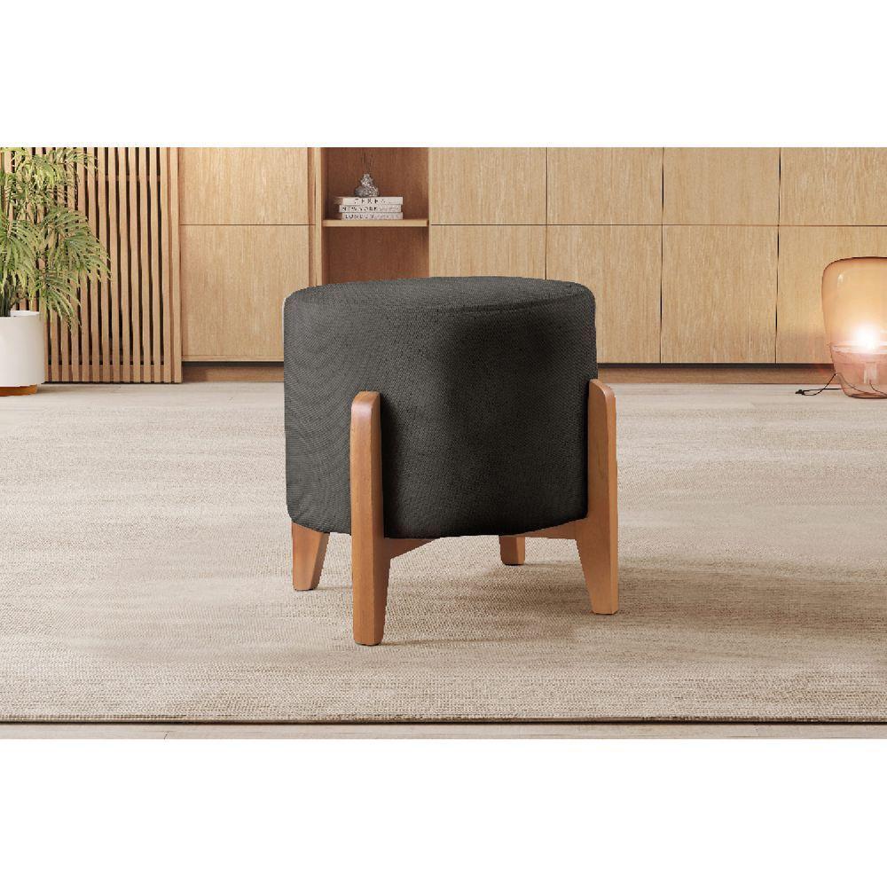 Puff Redondo Para Sala Pé De Madeira linho Preto 102 - 2