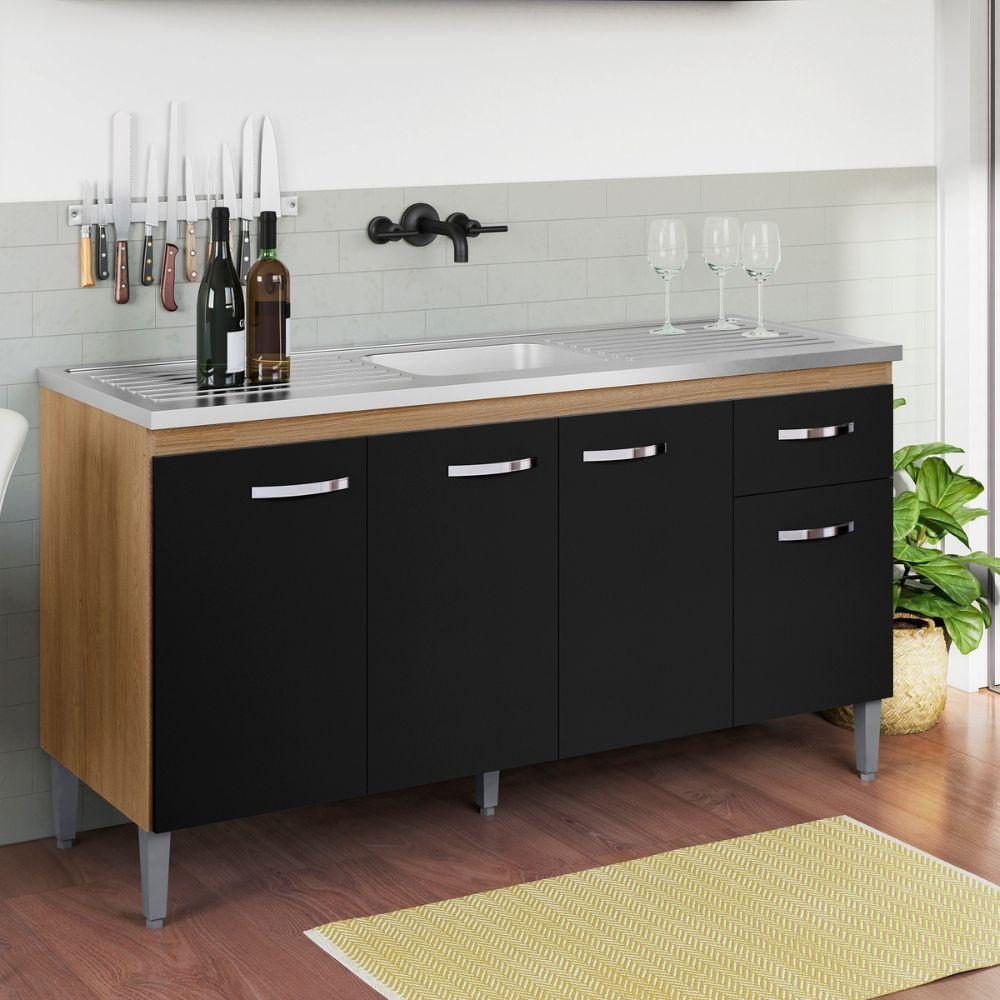 Balcão Para Pia Gabriela 150 Cm 4 Portas Amendoa Preto Ajl - 2