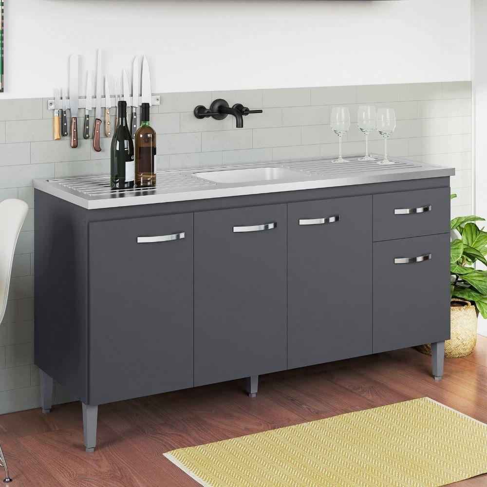 Balcão Para Pia Gabriela 150 Cm 4 Portas Cinza Ajl - 2