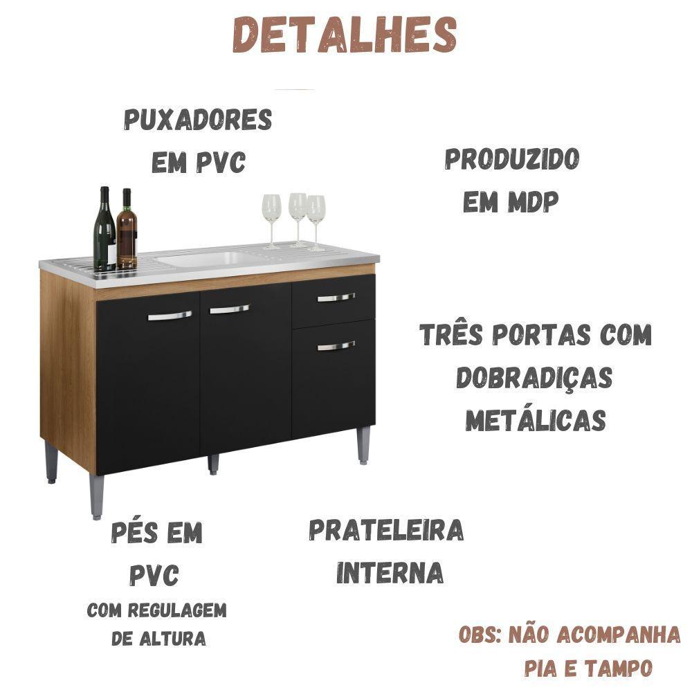 Balcão Para Pia Gabriela 120 Cm 3 Portas Amendoa Preto Ajl - 3