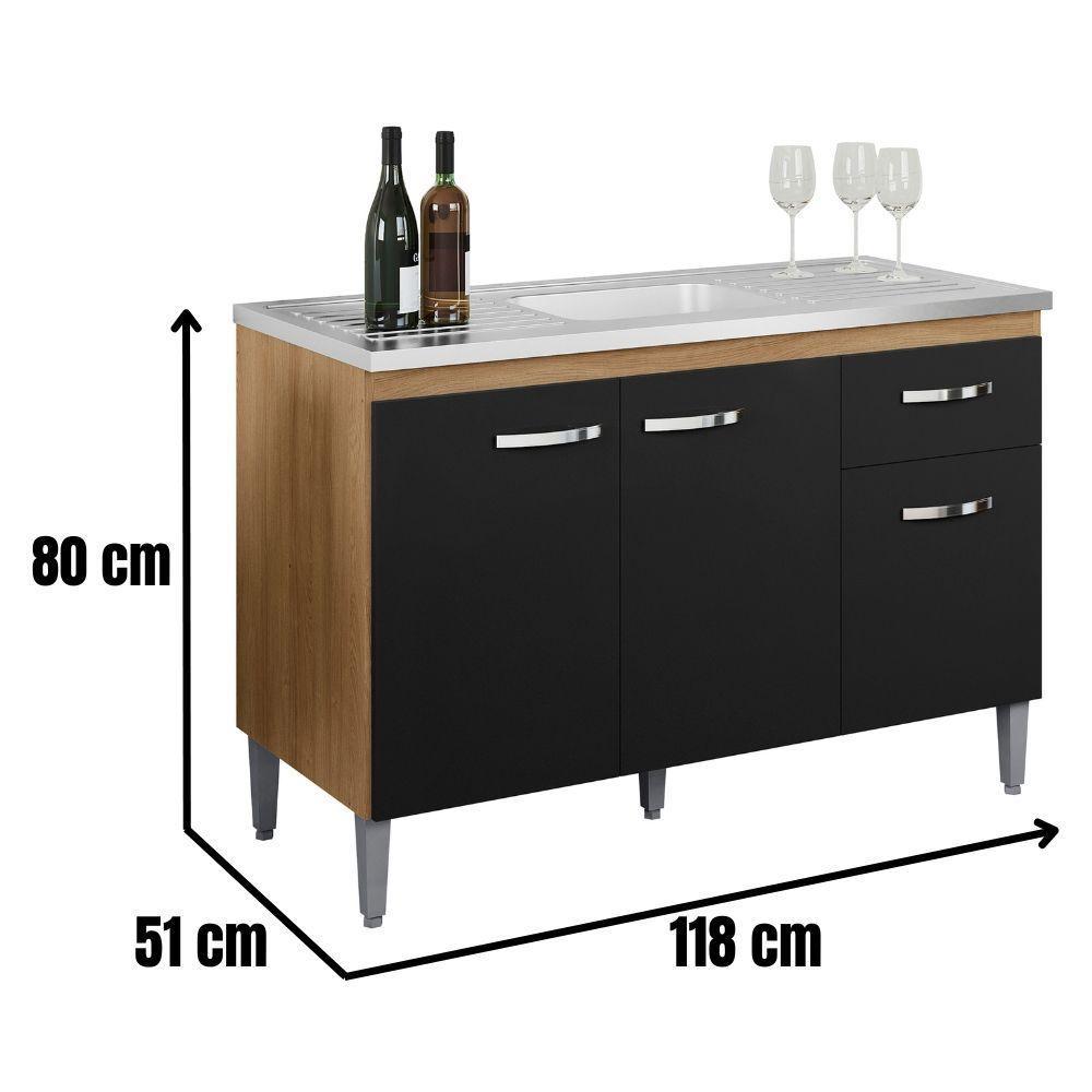 Balcão Para Pia Gabriela 120 Cm 3 Portas Amendoa Preto Ajl - 4