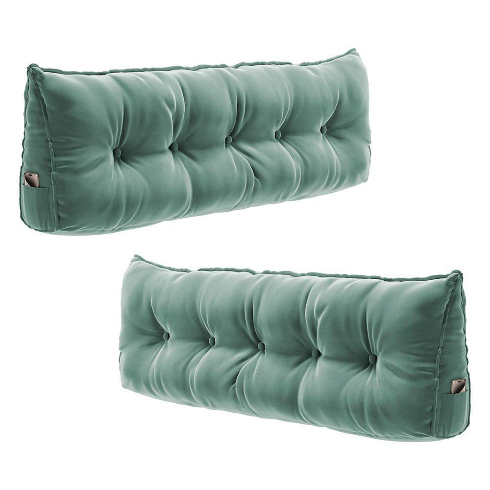 Kit 02 Almofadas Para Cabeceira Encosto Apoio Lombar Spot 160cm Com Porta Celular Veludo - Desk Design Cor Verde Claro - 1