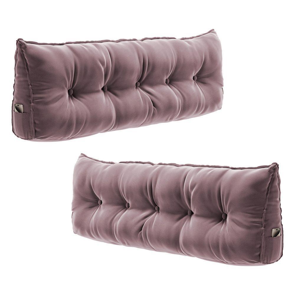 Kit 02 Almofadas Para Cabeceira Encosto Apoio Lombar Spot 140cm Com Porta Celular Veludo - Desk Design Cor Rosê - 1