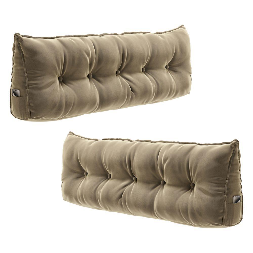Kit 02 Almofadas Para Cabeceira Encosto Apoio Lombar Spot 195cm Com Porta Celular Veludo - Desk Design Cor Bege - 1