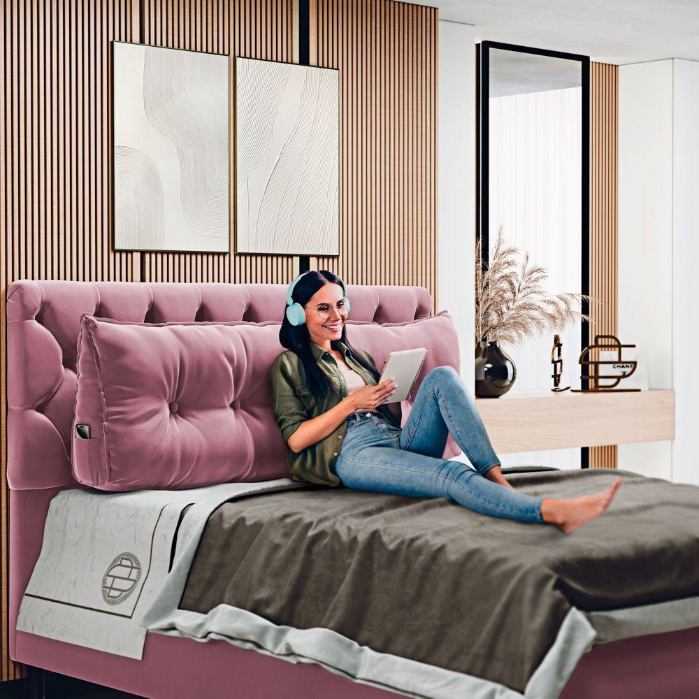 Kit 02 Almofadas Para Cabeceira Encosto Apoio Lombar Spot 195cm Com Porta Celular Veludo - Desk Design Cor Rosa - 7