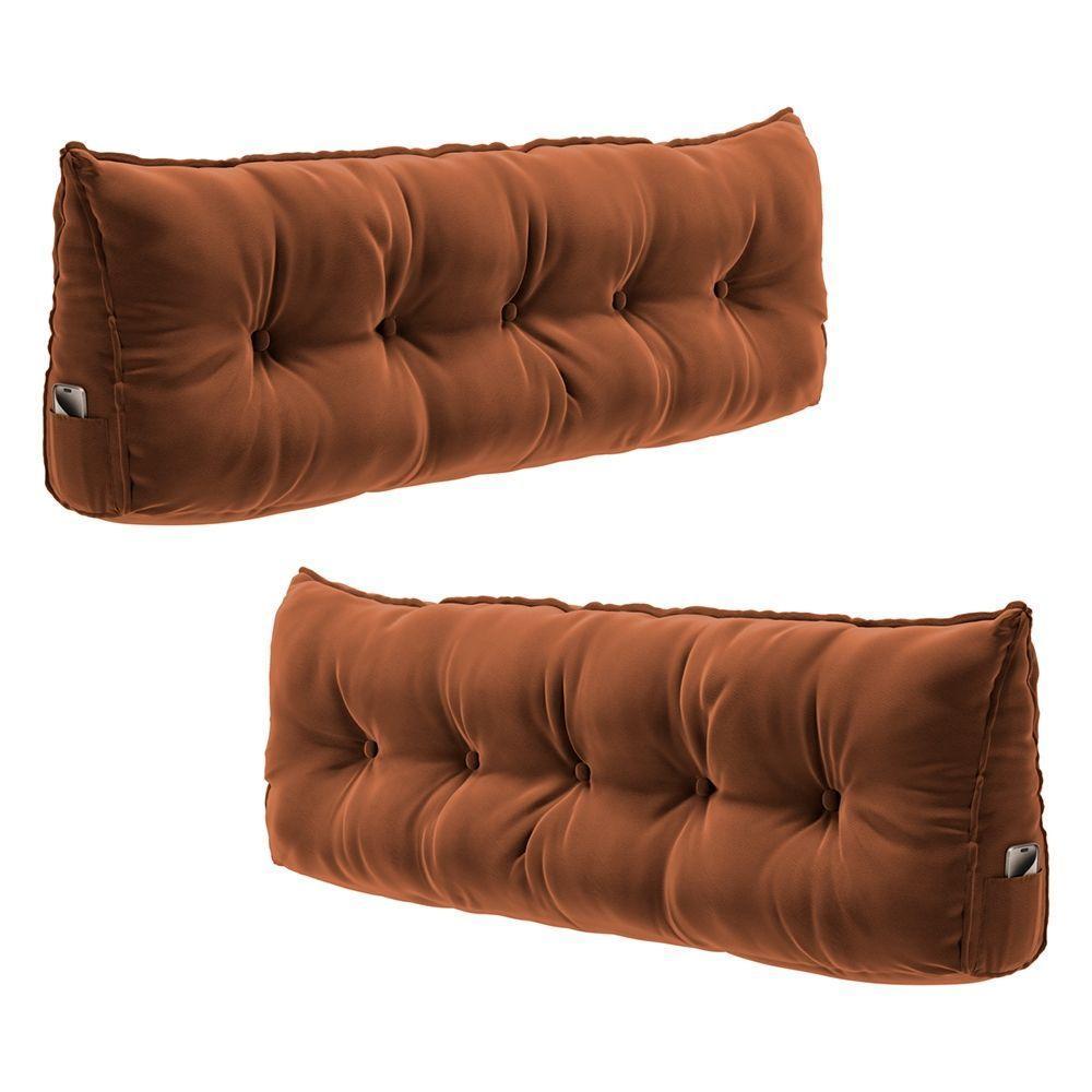 Kit 02 Almofadas Para Cabeceira Encosto Apoio Lombar Spot 140cm Com Porta Celular Veludo - Desk Design Cor Terracota - 1