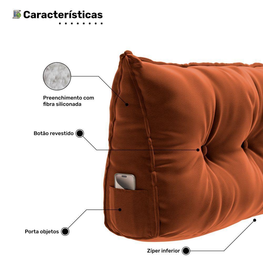 Kit 02 Almofadas Para Cabeceira Encosto Apoio Lombar Spot 140cm Com Porta Celular Veludo - Desk Design Cor Terracota - 4