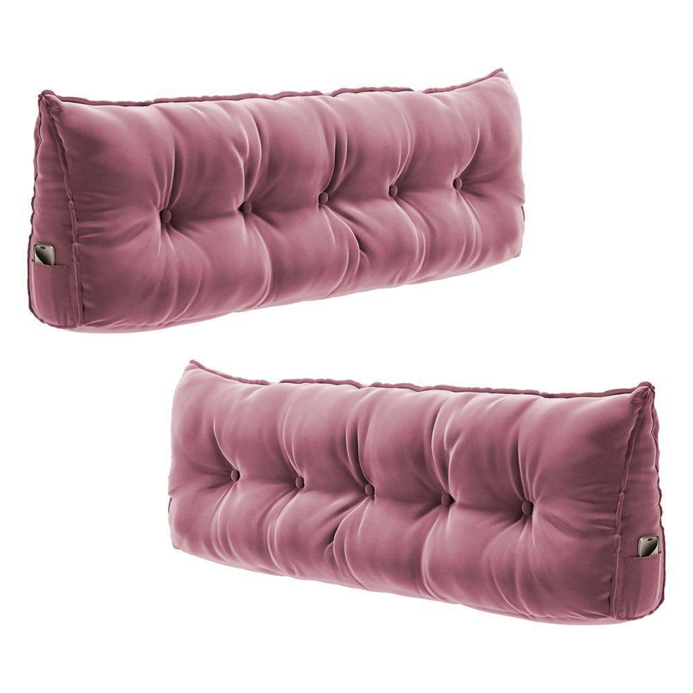 Kit 02 Almofadas Para Cabeceira Encosto Apoio Lombar Spot 140cm Com Porta Celular Veludo - Desk Design Cor Rosa - 1