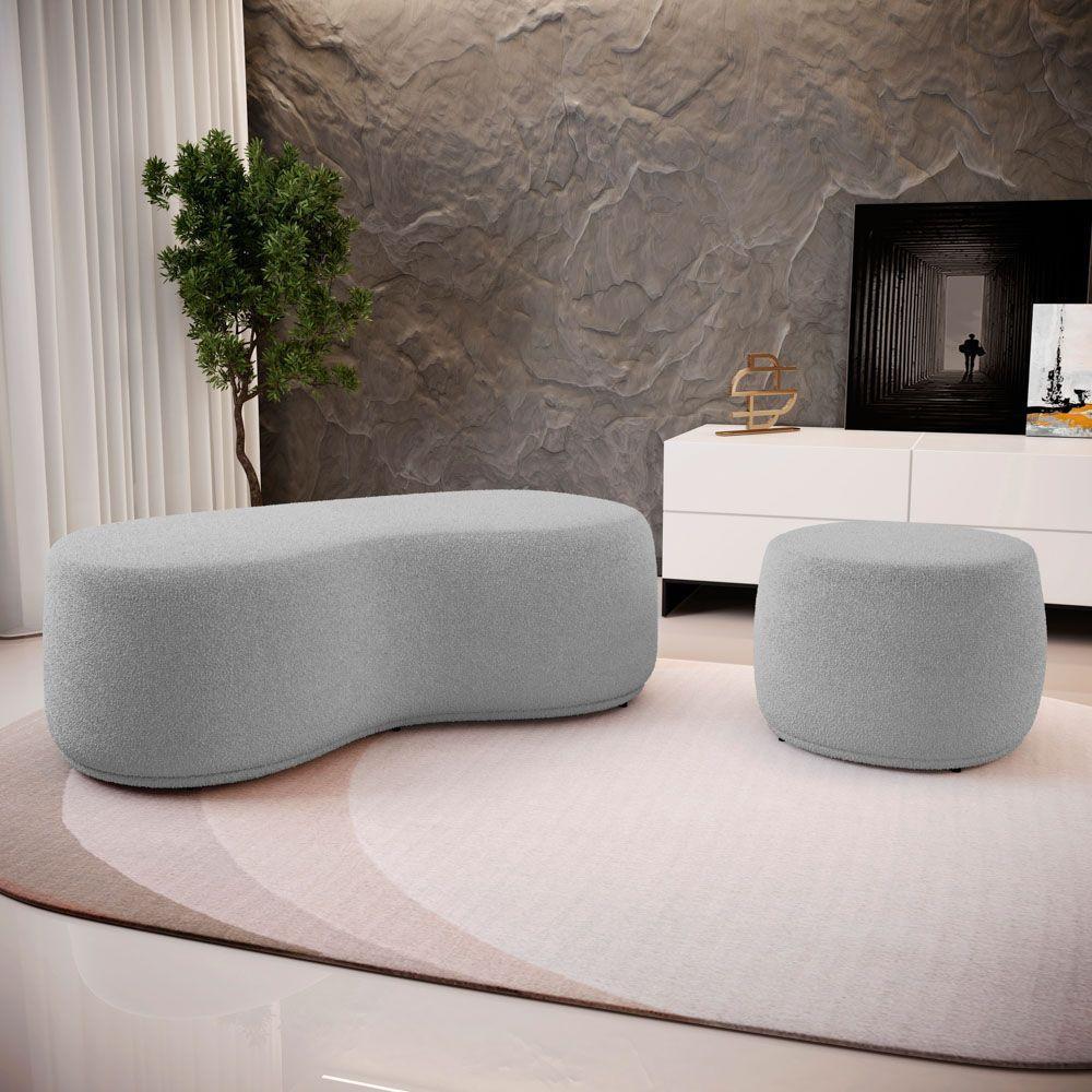 Conjunto 02 Puffs Decorativos Living Aisha Orgânico Bouclê Cinza Claro - Desk Design - 8