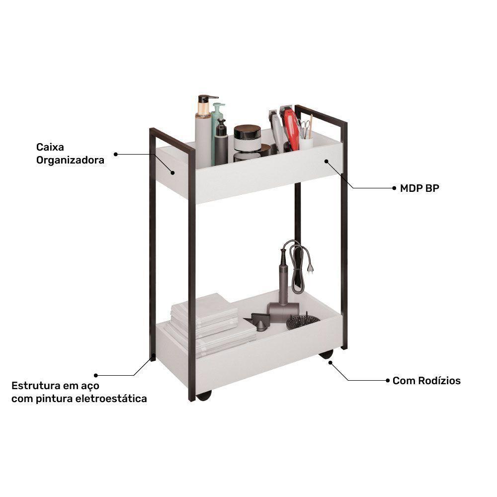 Carrinho Auxiliar Para Salão De Beleza Lara 70cm Em Aço Com Rodízios Branco - Desk Design - 5