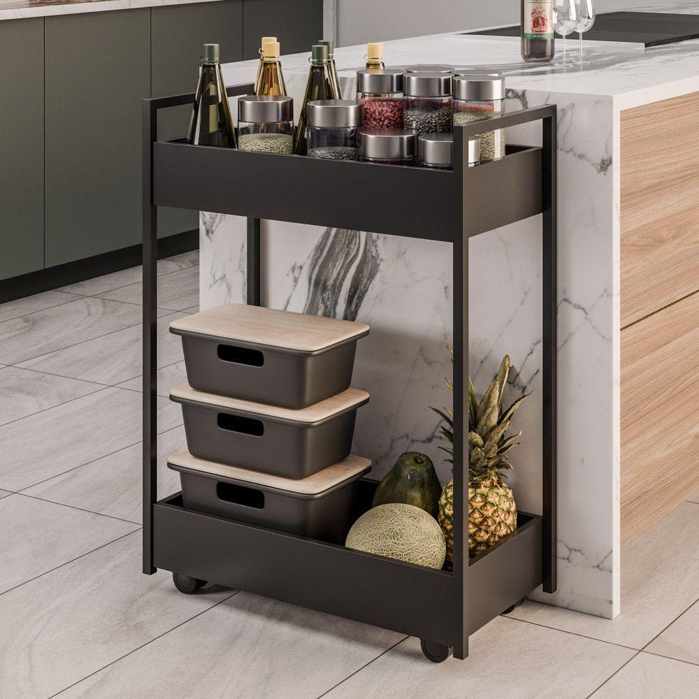 Carrinho Auxiliar Para Salão De Beleza Lara 70cm Em Aço Com Rodízios Preto - Desk Design - 3