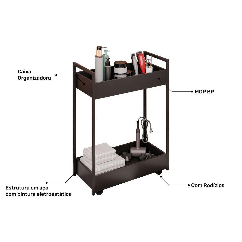Carrinho Auxiliar Para Salão De Beleza Lara 70cm Em Aço Com Rodízios Preto - Desk Design - 5