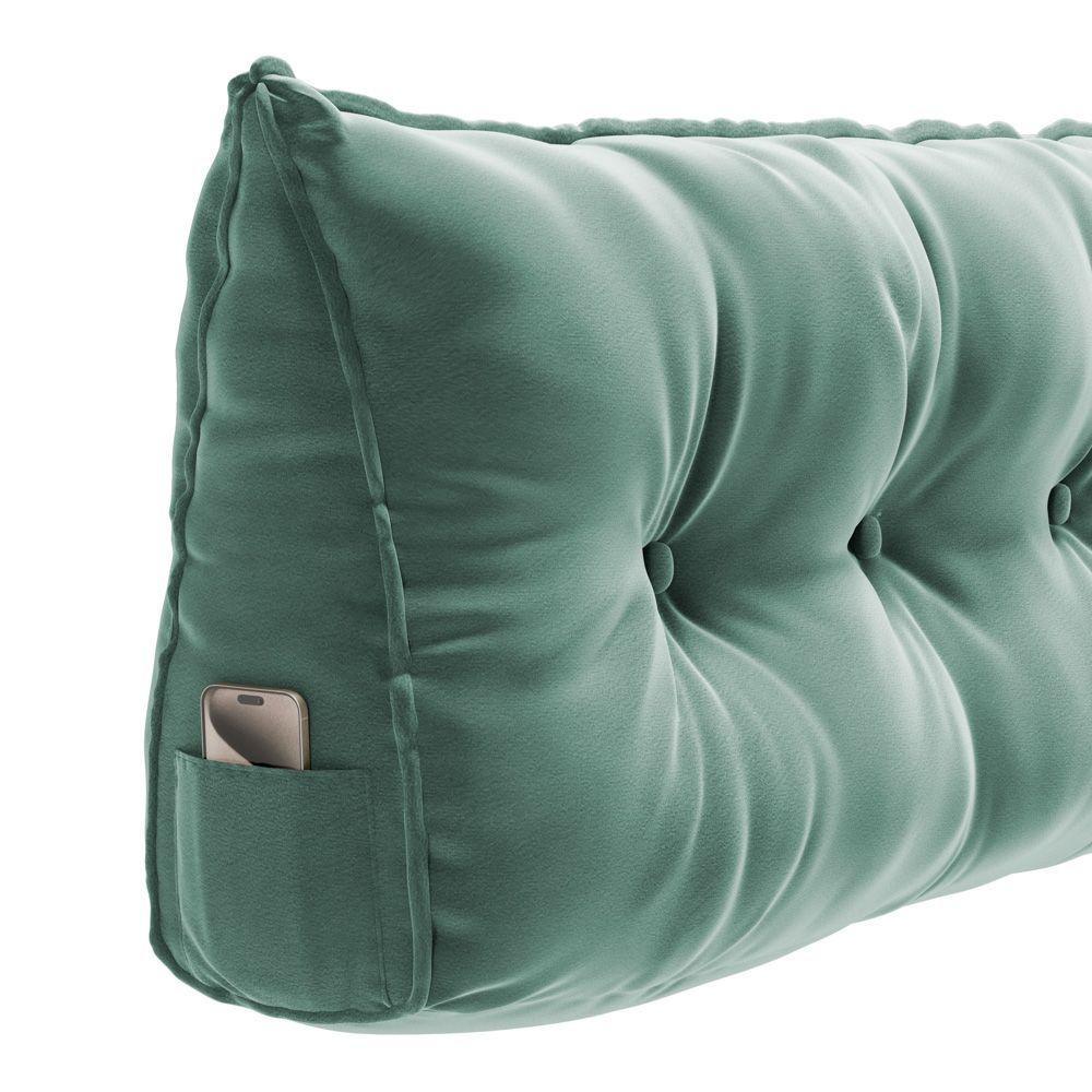 Kit 02 Almofadas Para Cabeceira Encosto Apoio Lombar Spot 140cm Com Porta Celular Veludo - Desk Design Cor Verde Claro - 3