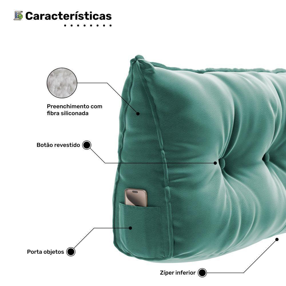 Kit 02 Almofadas Para Cabeceira Encosto Apoio Lombar Spot 140cm Com Porta Celular Veludo - Desk Design Cor Verde Claro - 4