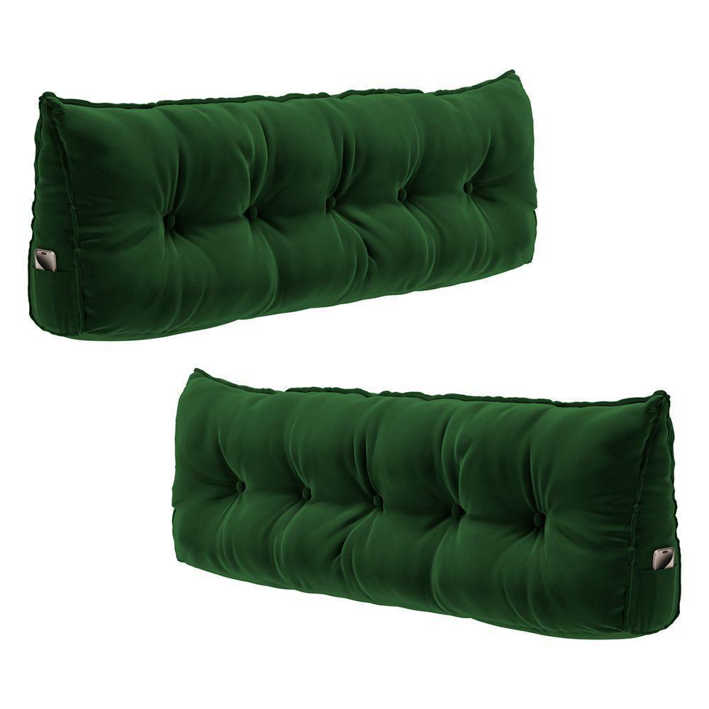 Kit 02 Almofadas Para Cabeceira Encosto Apoio Lombar Spot 140cm Com Porta Celular Veludo - Desk Design Cor Verde Escuro - 1