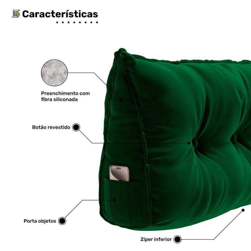 Kit 02 Almofadas Para Cabeceira Encosto Apoio Lombar Spot 140cm Com Porta Celular Veludo - Desk Design Cor Verde Escuro - 4