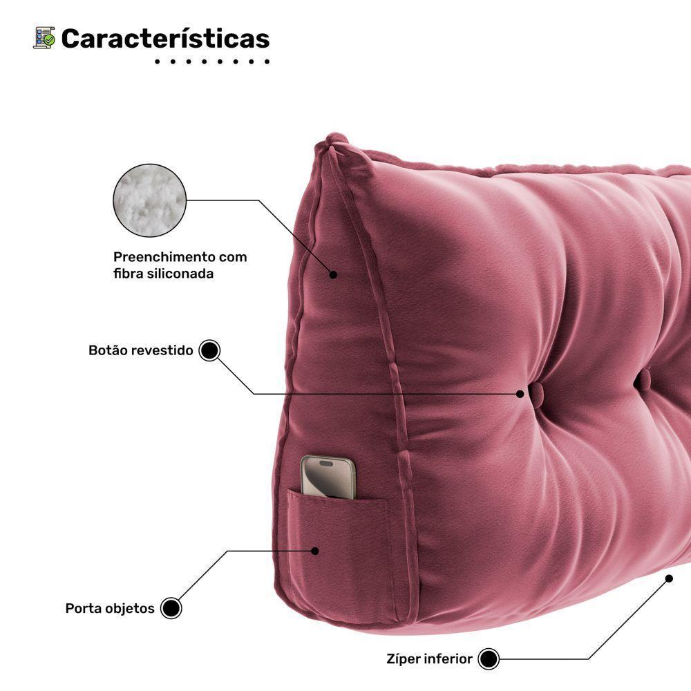 Almofada Para Cabeceira Encosto Apoio Lombar Spot 195cm Com Porta Celular Veludo - Desk Design Cor Rosa - 3