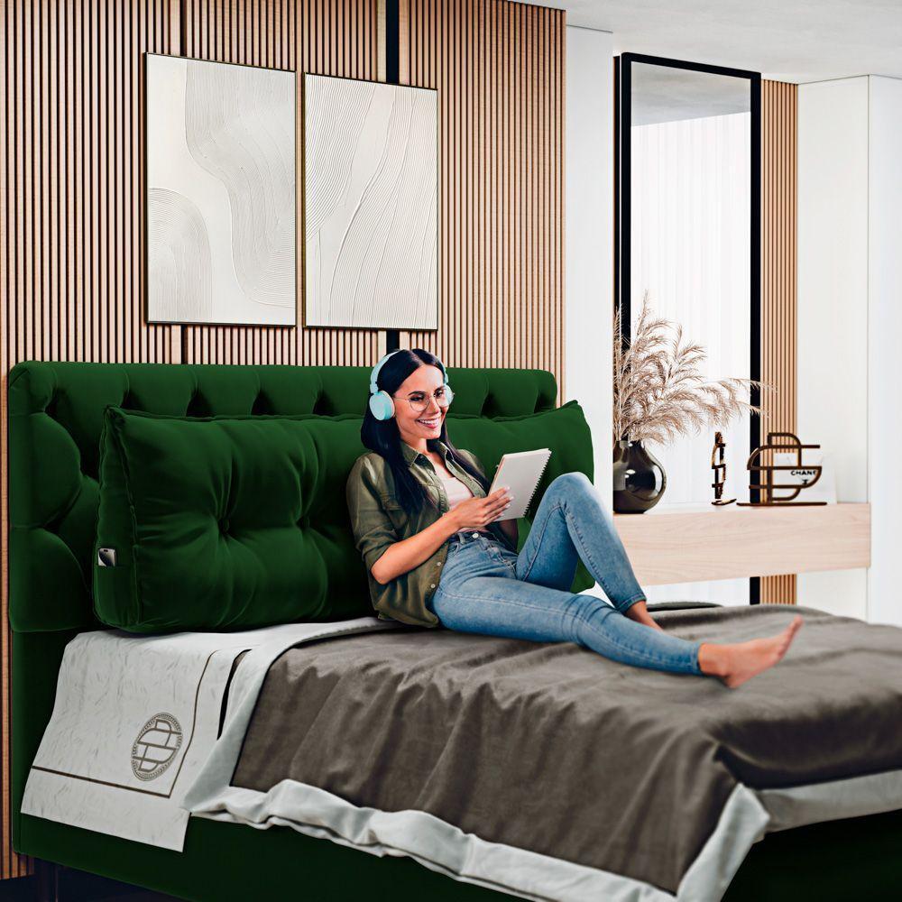 Almofada Para Cabeceira Encosto Apoio Lombar Spot 195cm Com Porta Celular Veludo - Desk Design Cor Verde Escuro - 6