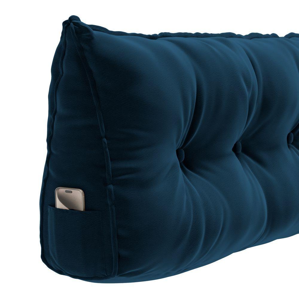 Almofada Para Cabeceira Encosto Apoio Lombar Spot 195cm Com Porta Celular Veludo - Desk Design Cor Azul Escuro - 2