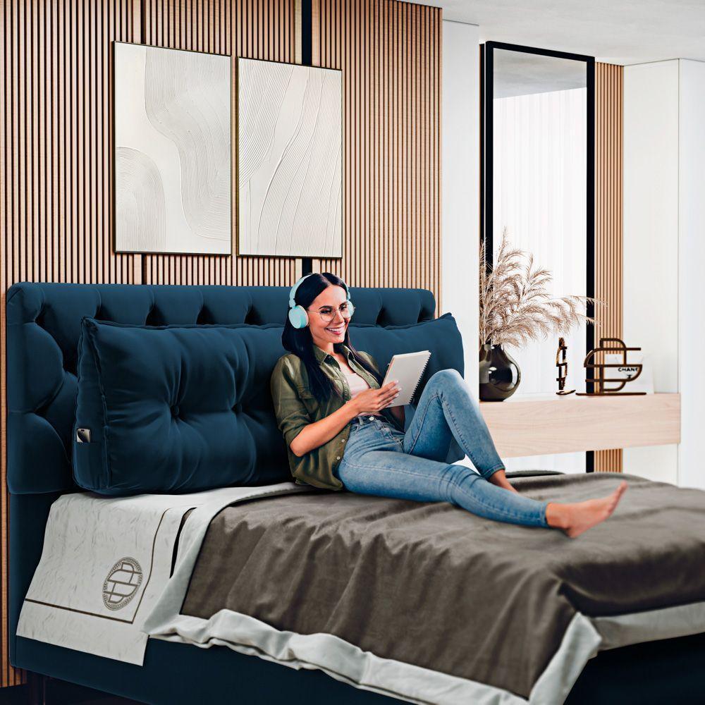 Almofada Para Cabeceira Encosto Apoio Lombar Spot 195cm Com Porta Celular Veludo - Desk Design Cor Azul Escuro - 6