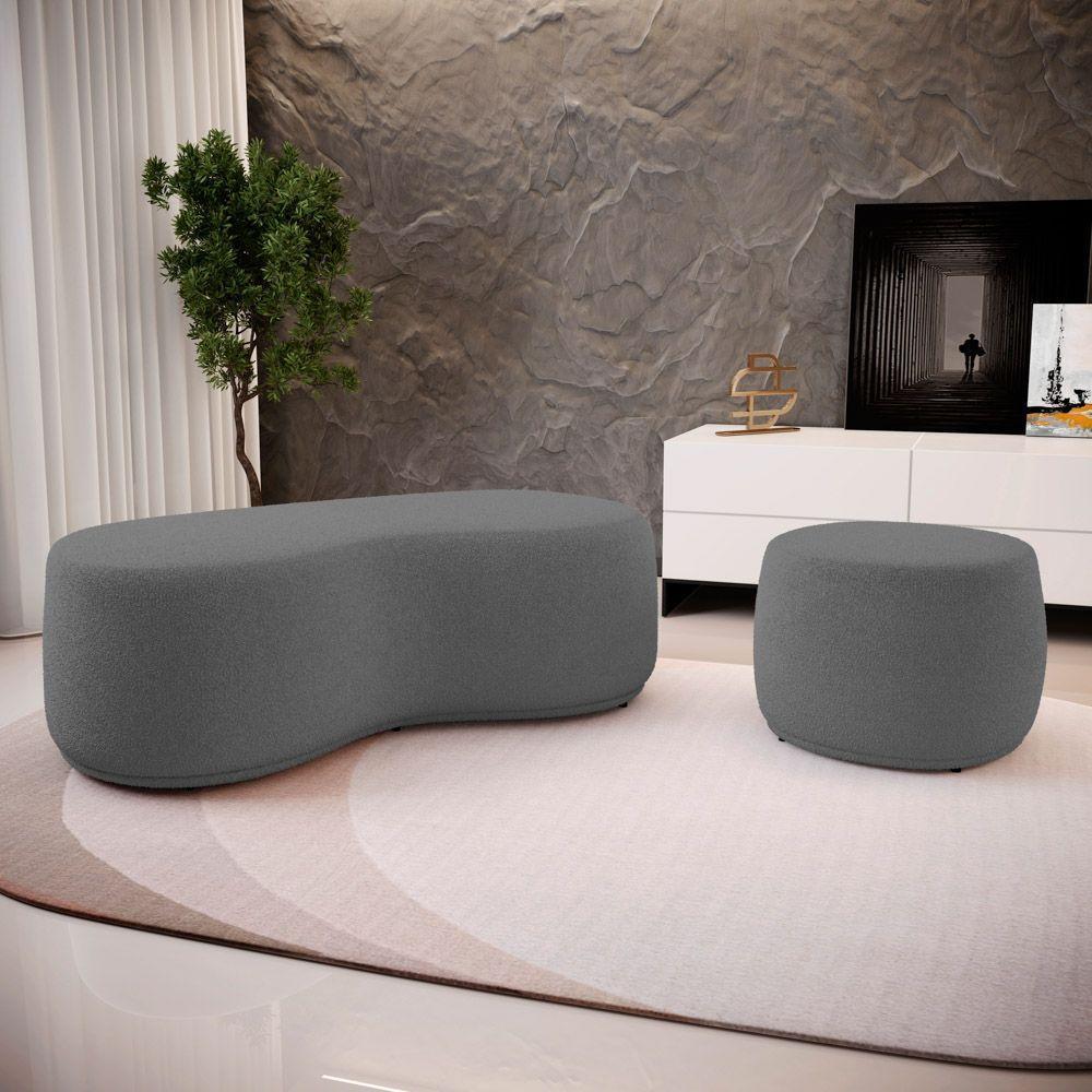 Conjunto 02 Puffs Decorativos Living Aisha Orgânico Bouclê Cinza Escuro - Desk Design - 8