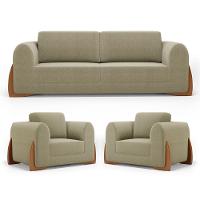 Kit 02 Poltronas E 01 Sofá Bloom 180cm 02 Lugares Com Pés De Madeira Bouclê Bege - Desk Design - 1