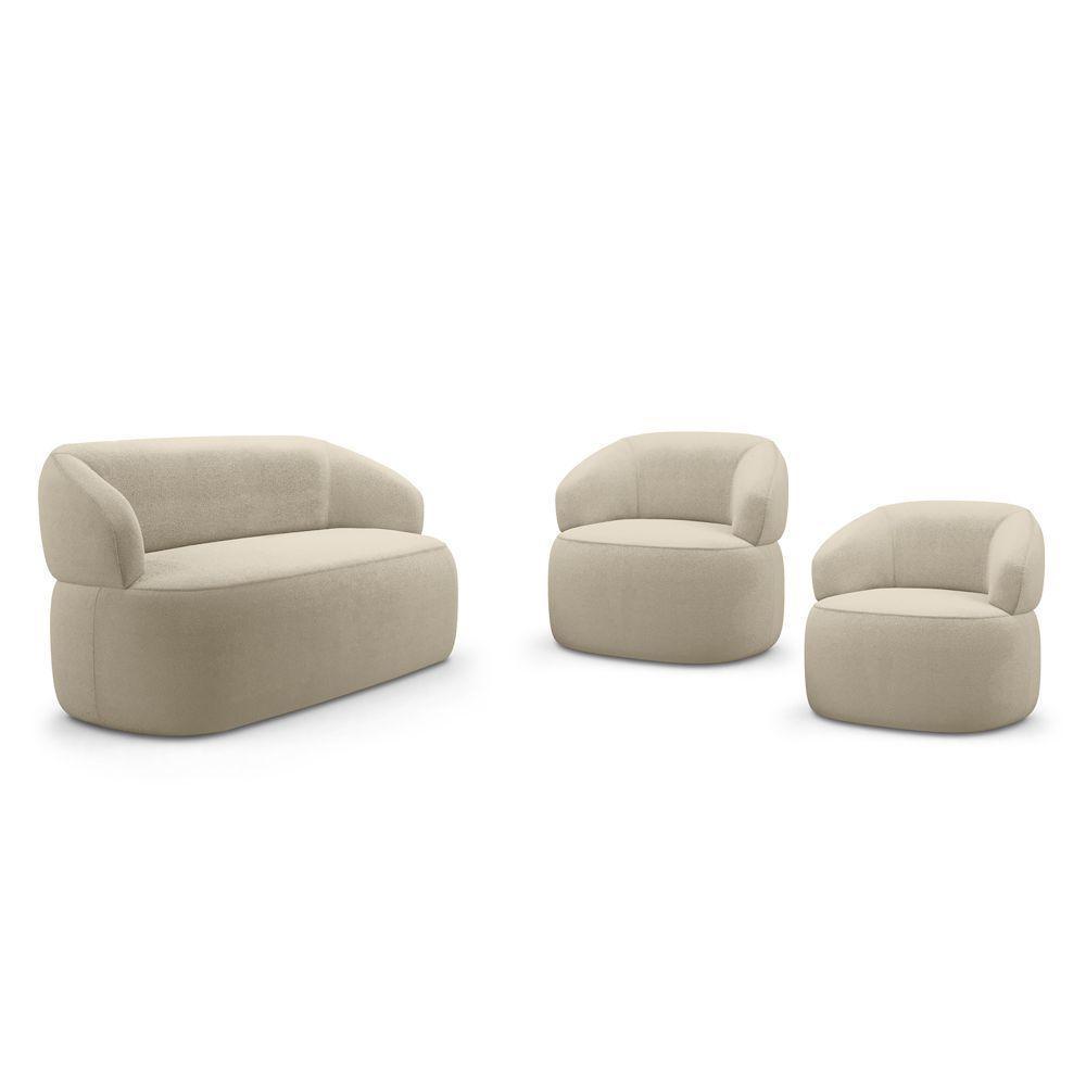 Kit 02 Poltronas Giratória E 01 Sofá Orgânico Glee 03 Lugares 170cm Bouclê Bege - Desk Design - 1