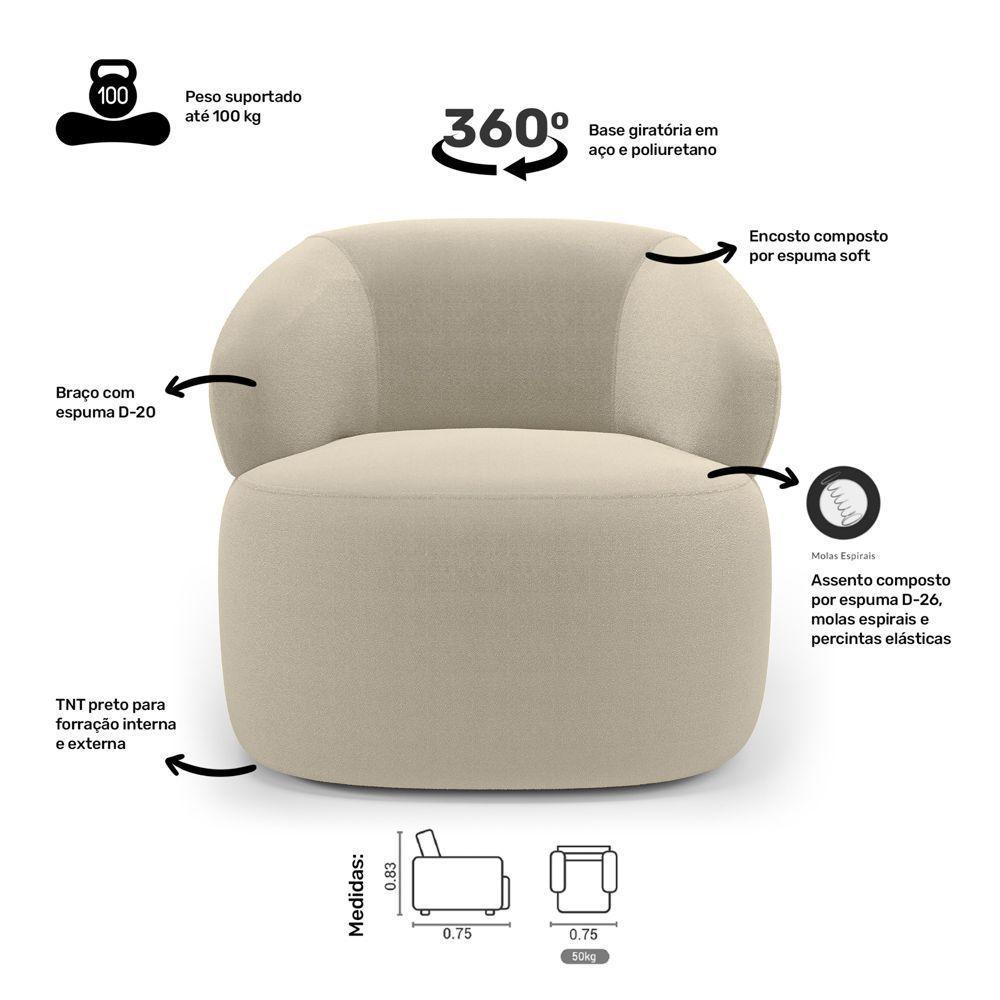 Kit 02 Poltronas Giratória E 01 Sofá Orgânico Glee 03 Lugares 170cm Bouclê Bege - Desk Design - 8
