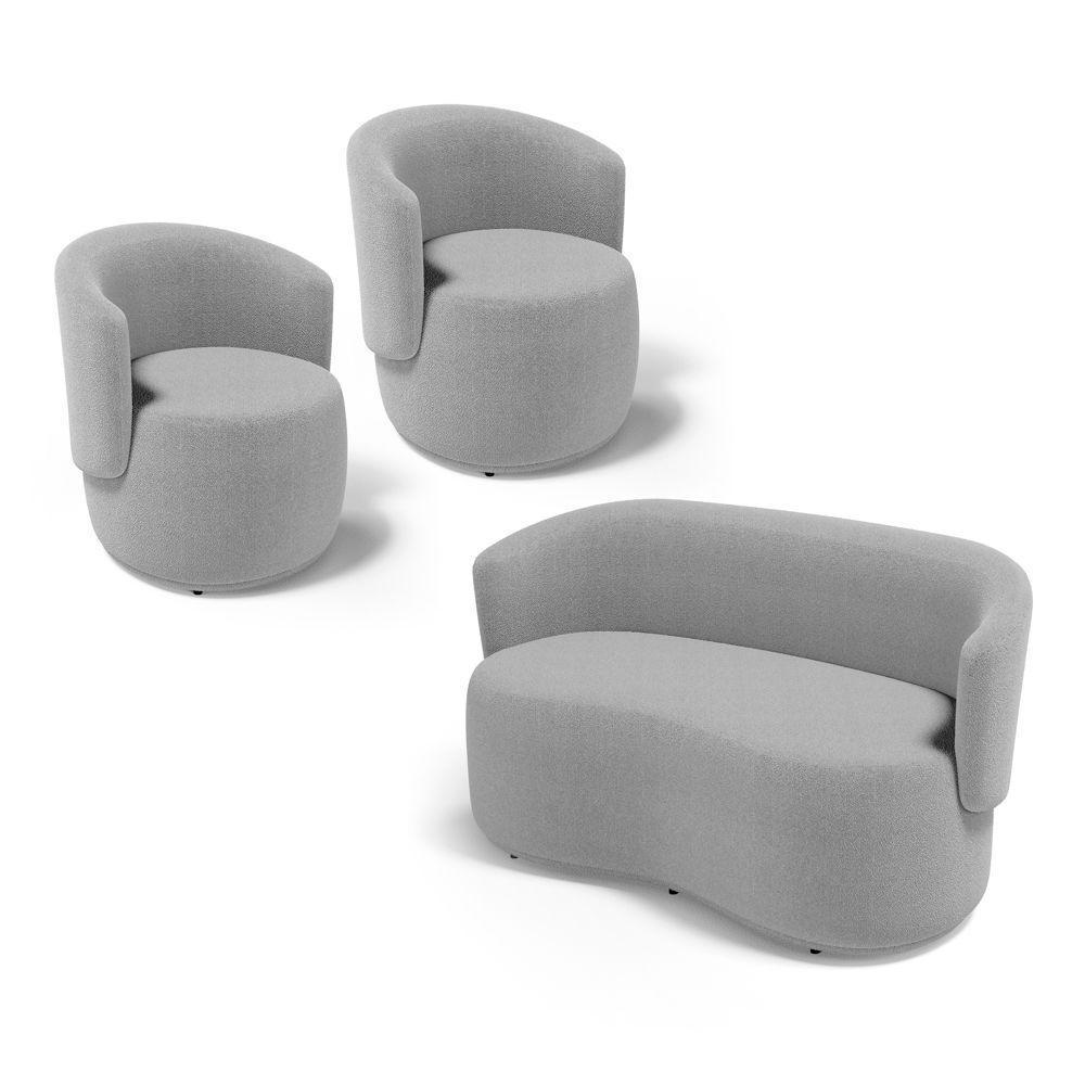 Kit 2 Poltronas E 1 Namoradeira Aisha Orgânica Bouclê Cinza Claro - Desk Design - 1