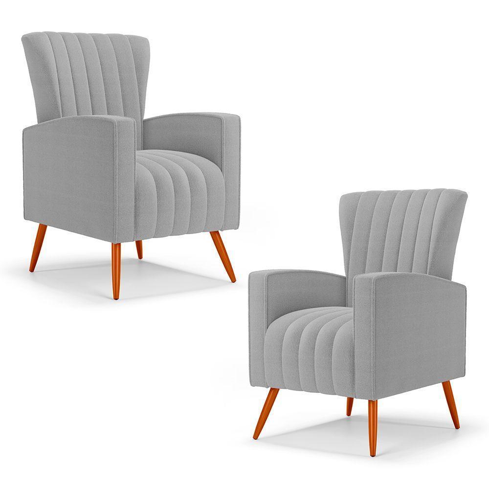 Kit 02 Poltronas Decorativas Melody Com Pés Palito Bouclê Cinza Claro - Desk Design - 1