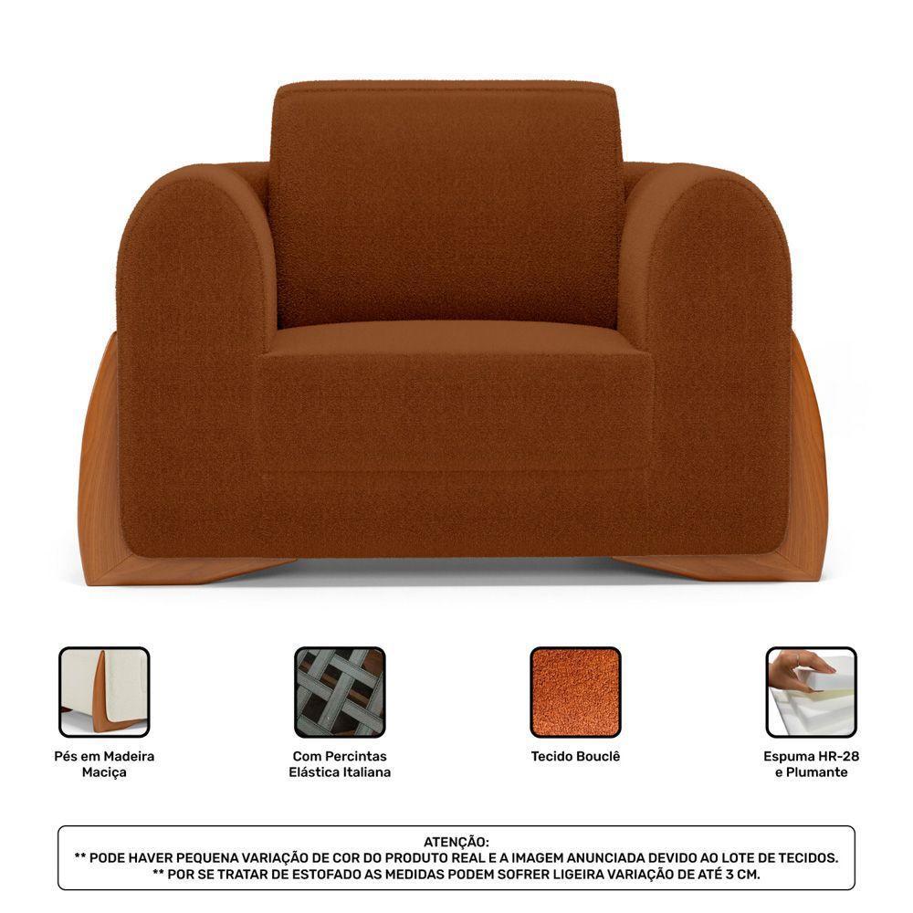 Kit 02 Poltronas E 01 Sofá Bloom 220cm 03 Lugares Com Pés De Madeira Bouclê Terracota - Desk Design - 5