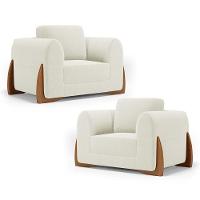 Kit 02 Poltronas Decorativas Living Bloom Com Pés De Madeira Bouclê Off White - Desk Design - 1