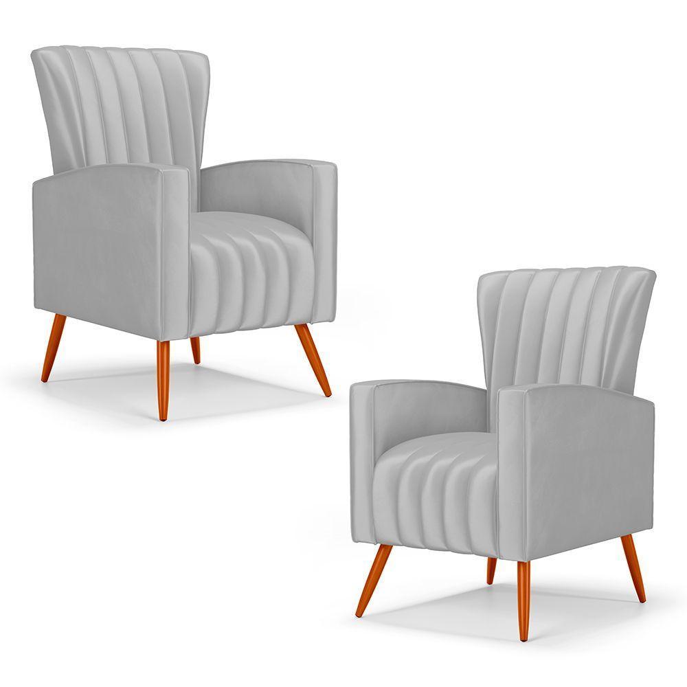 Kit 02 Poltronas Decorativas Melody Com Pés Palito Veludo Cinza Claro - Desk Design - 1