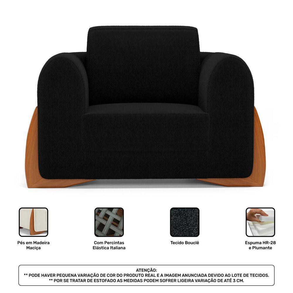 Kit 02 Poltronas E 01 Sofá Bloom 160cm 02 Lugares Com Pés De Madeira Bouclê Preto - Desk Design - 5