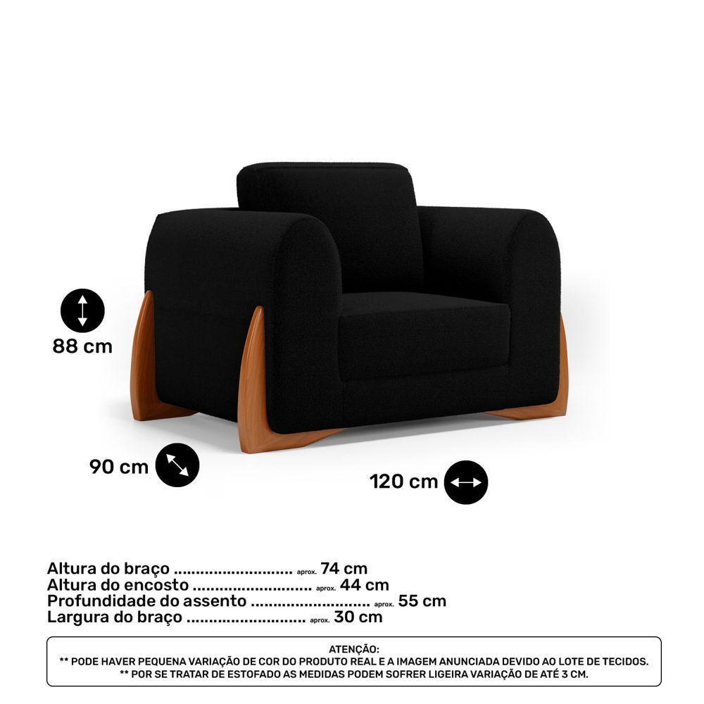 Kit 02 Poltronas E 01 Sofá Bloom 220cm 03 Lugares Com Pés De Madeira Bouclê Preto - Desk Design - 7