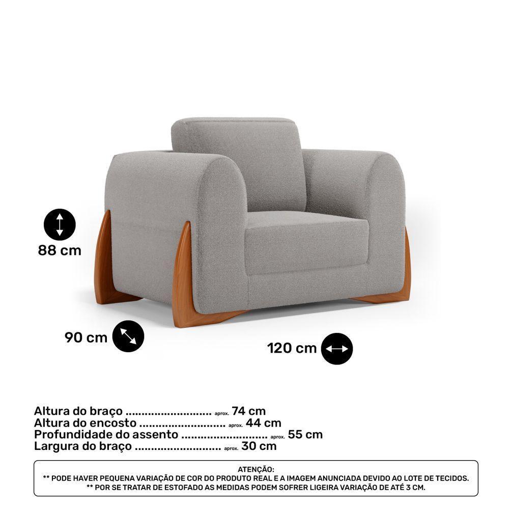 Kit 02 Poltronas E 01 Sofá Bloom 160cm 02 Lugares Com Pés De Madeira Bouclê Cinza - Desk Design - 7