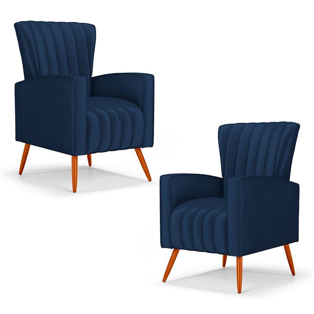 Kit 02 Poltronas Decorativas Melody Com Pés Palito Veludo Azul Marinho - Desk Design - 1