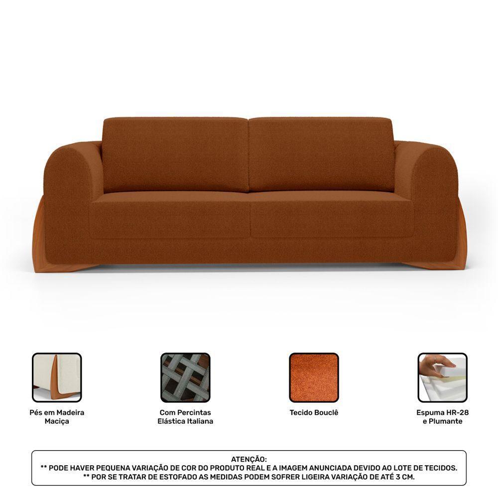 Kit 02 Poltronas E 01 Sofá Bloom 200cm 03 Lugares Com Pés De Madeira Bouclê Terracota - Desk Design - 5