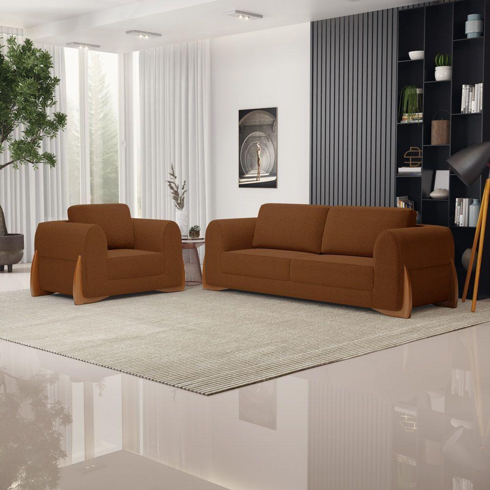 Kit 02 Poltronas E 01 Sofá Bloom 200cm 03 Lugares Com Pés De Madeira Bouclê Terracota - Desk Design - 9