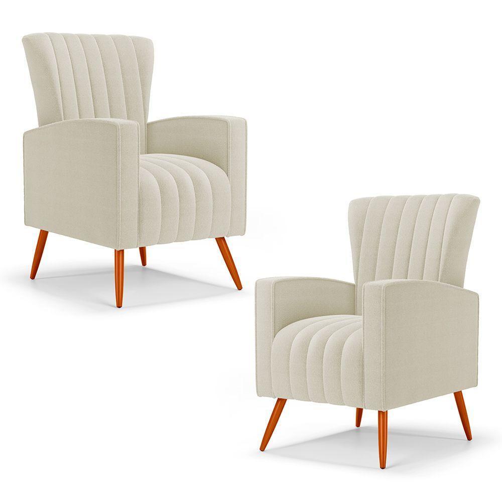 Kit 02 Poltronas Decorativas Melody Com Pés Palito Bouclê Bege - Desk Design - 1